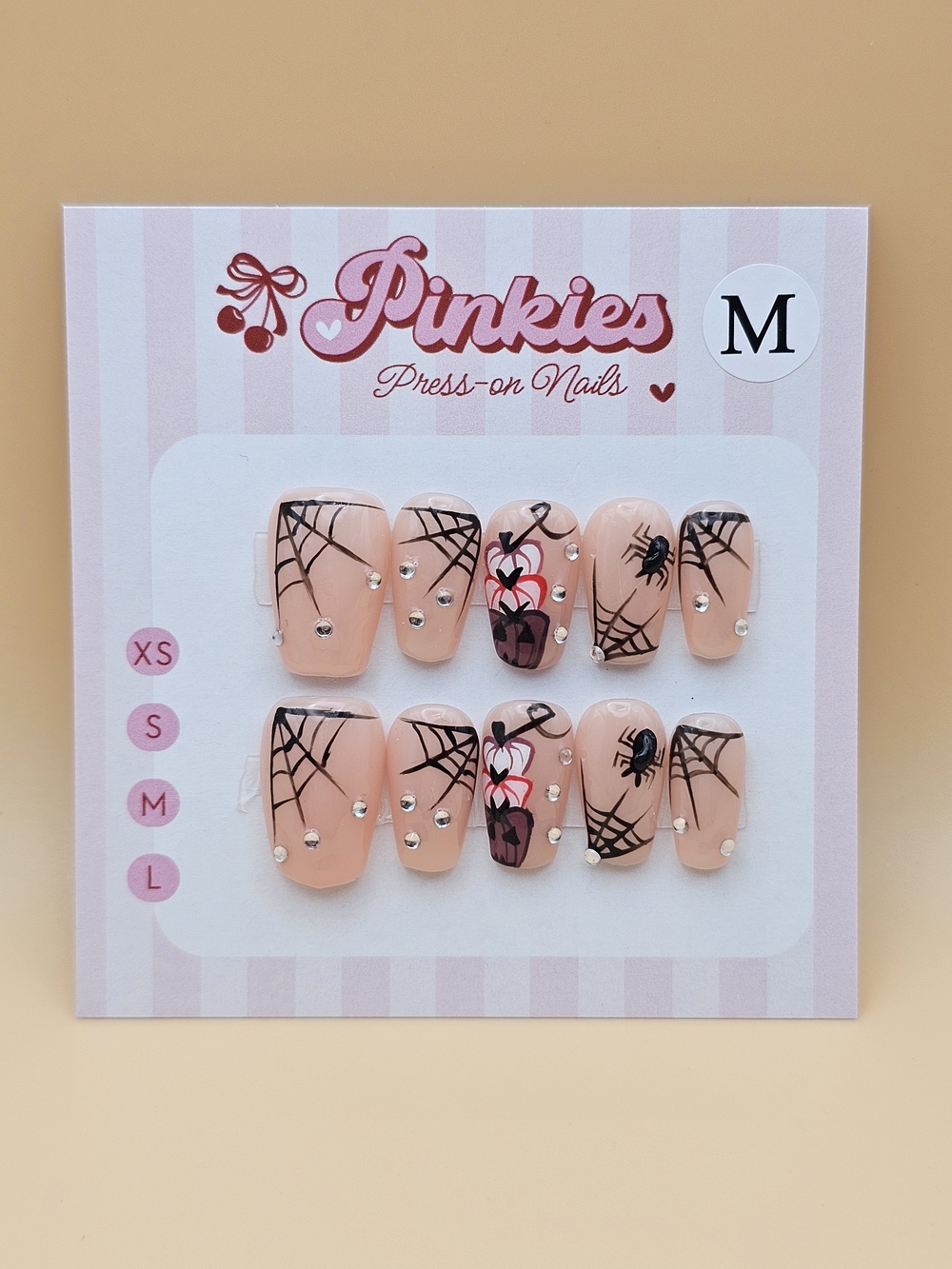 Size M Press-on Nails Set 10pc Short Coffin Halloweeb Spider Webs Pumpkins Black
